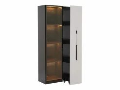 Outlet Vitrina móvil 70x40x160 cm - Estantería - Iluminación LED - 1 puerta de vidrio y 1 cajón - con ruedas - MDF - Negro y blanco Vitrina