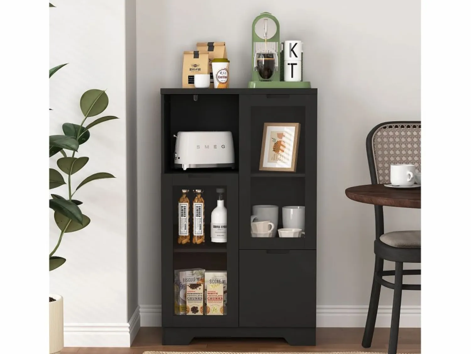 Vitrina negra - Mueble de comedor con 2 puertas y 1 cajón - almacenaje abierto - para dormitorio y salón
