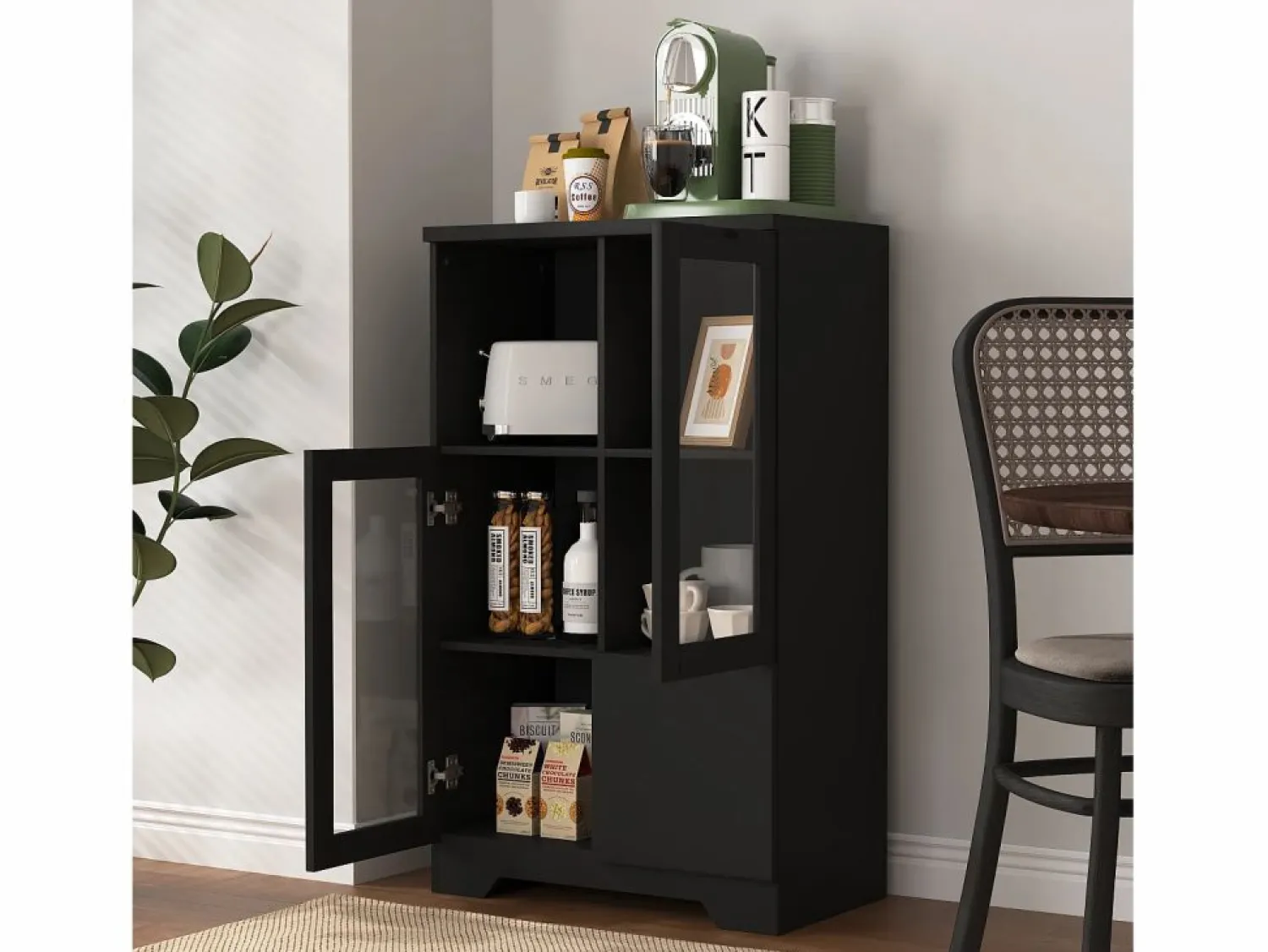 Vitrina negra - Mueble de comedor con 2 puertas y 1 cajón - almacenaje abierto - para dormitorio y salón