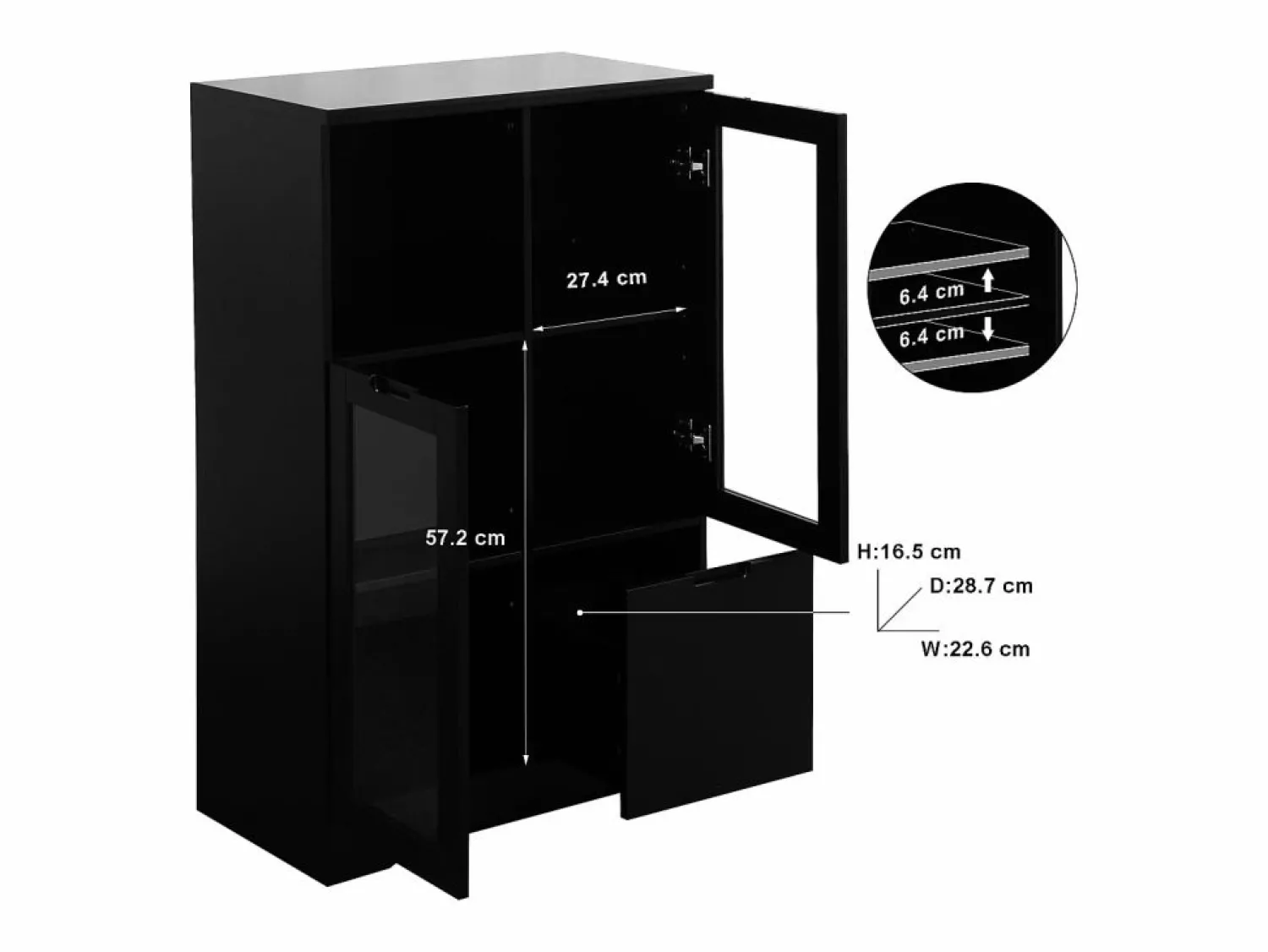 Vitrina negra - Mueble de comedor con 2 puertas y 1 cajón - almacenaje abierto - para dormitorio y salón