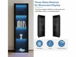 Online Vitrina negra de alto brillo con LED, 3 estantes de cristal, MDF, (55x38x166 cm) Vitrina