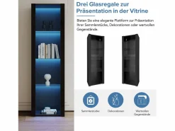 Online Vitrina negra de alto brillo con LED, 3 estantes de cristal, MDF, (55x38x166 cm) Vitrina