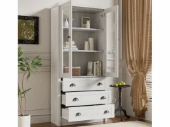 ModernLuxe Vitrina 80x34x171 cm - con 2 puertas de vidrio - 3 cajones - gris + natural