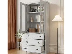 ModernLuxe Vitrina 80x34x171 cm - con 2 puertas de vidrio - 3 cajones - gris + natural
