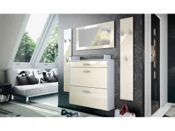 Best Vladon Mueble recibidor Malea, Mueble de entrada compuesto por 1 Zapatero colgante, 1 Espejo de pared y 2 Percheros, Blanco mate/ de alto brillo Armario De Entrada