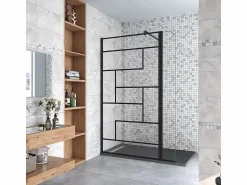 Aica Walkin Mampara Panel de ducha Serigrafiado de línea negra 2 hojas Vidrio 8mm Antical con Barra Negra mate 140cm Tamaño[(73.9-75.9)+30]x200cm-