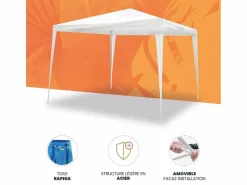 Wasabi - Carpa Desmontable 3x3 m Cies Blanca – Vientos y Piquetas Fijación – Estructura Aluminio y Acero – Lona Rafia 90gr/m2 – Cenador Jardín – Exteriores Blanco