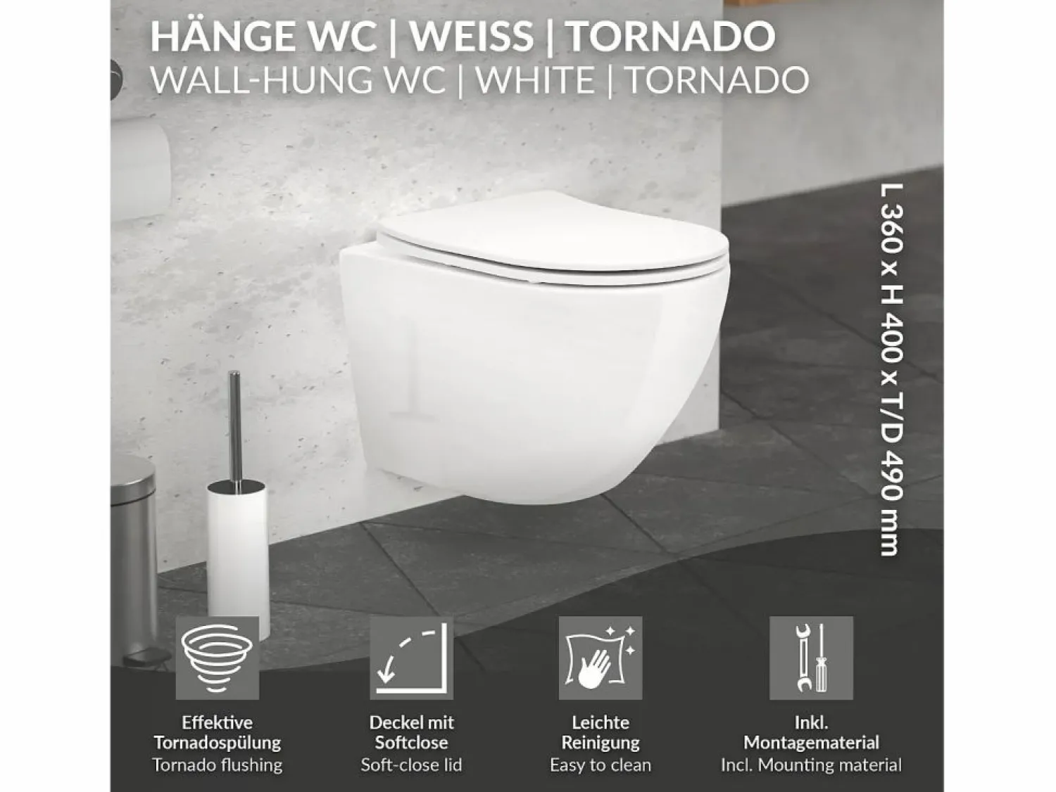 LuxeBath WC Cerámico suspendido 49cm sin reborde corto con sistema softclose