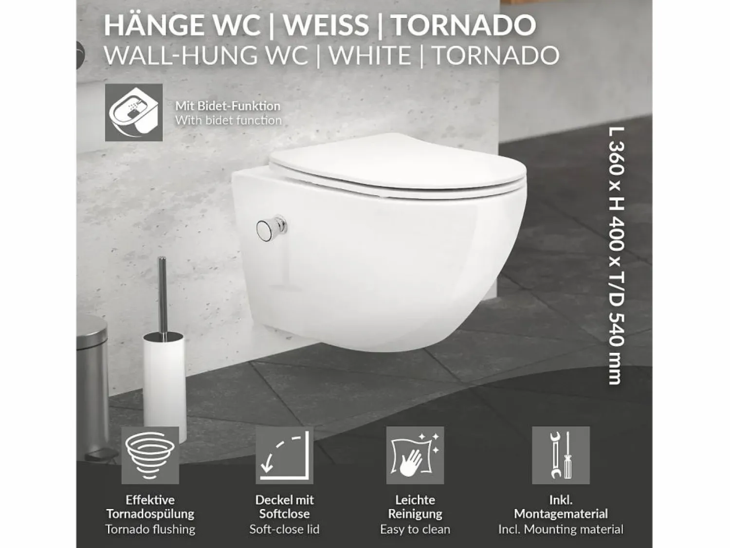 Discount LuxeBath WC Cerámico suspendido con bidé sin reborde corto con sistema softclose Blanco
