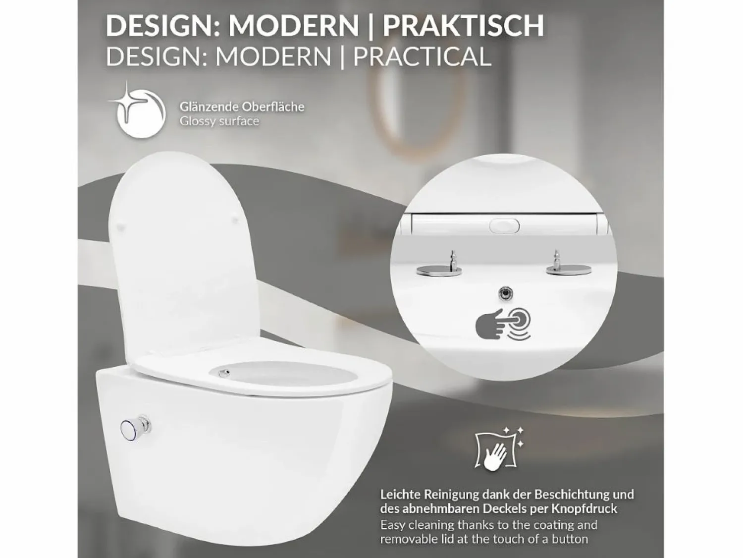 Discount LuxeBath WC Cerámico suspendido con bidé sin reborde corto con sistema softclose Blanco