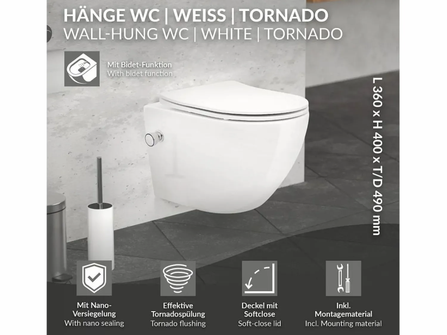 LuxeBath WC cerámico suspendido con función bidé brillante corto 49 cm sin borde