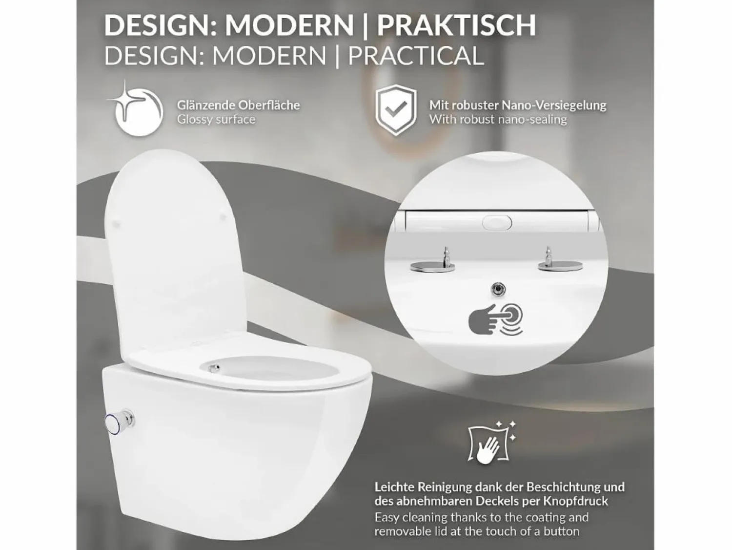 LuxeBath WC cerámico suspendido con función bidé brillante corto 49 cm sin borde