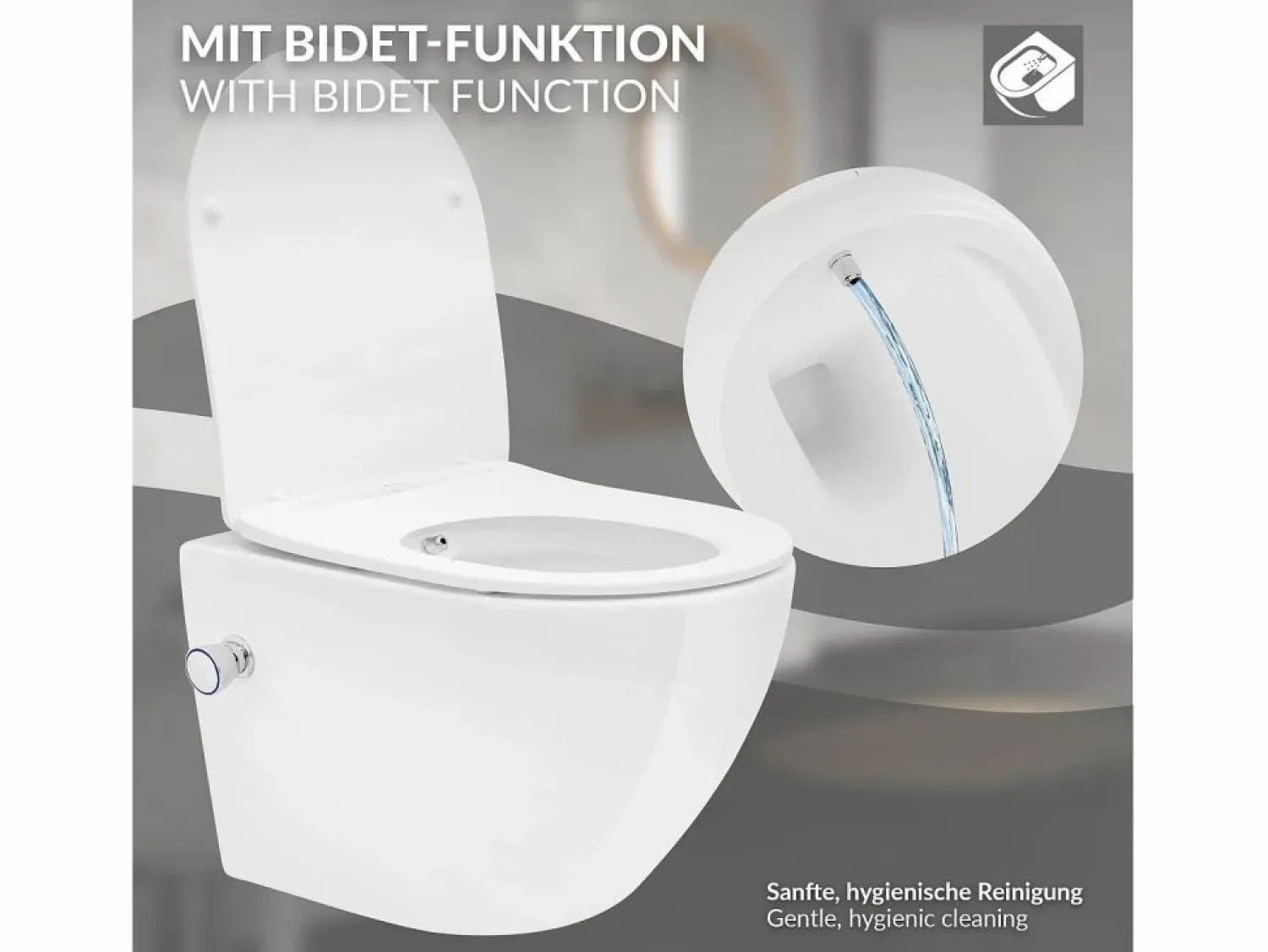 LuxeBath WC cerámico suspendido con función bidé brillante corto 49 cm sin borde