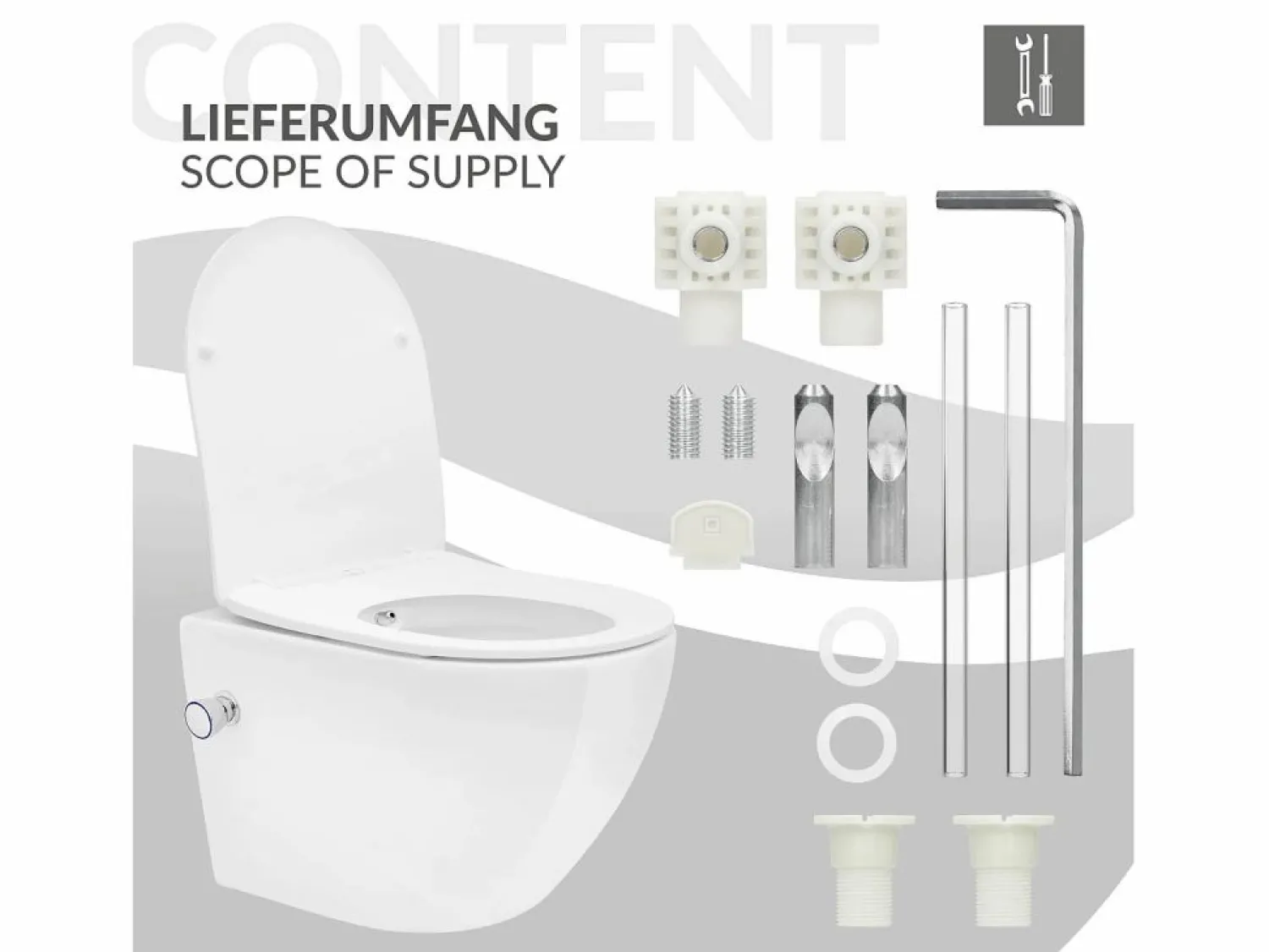 LuxeBath WC cerámico suspendido con función bidé brillante corto 49 cm sin borde