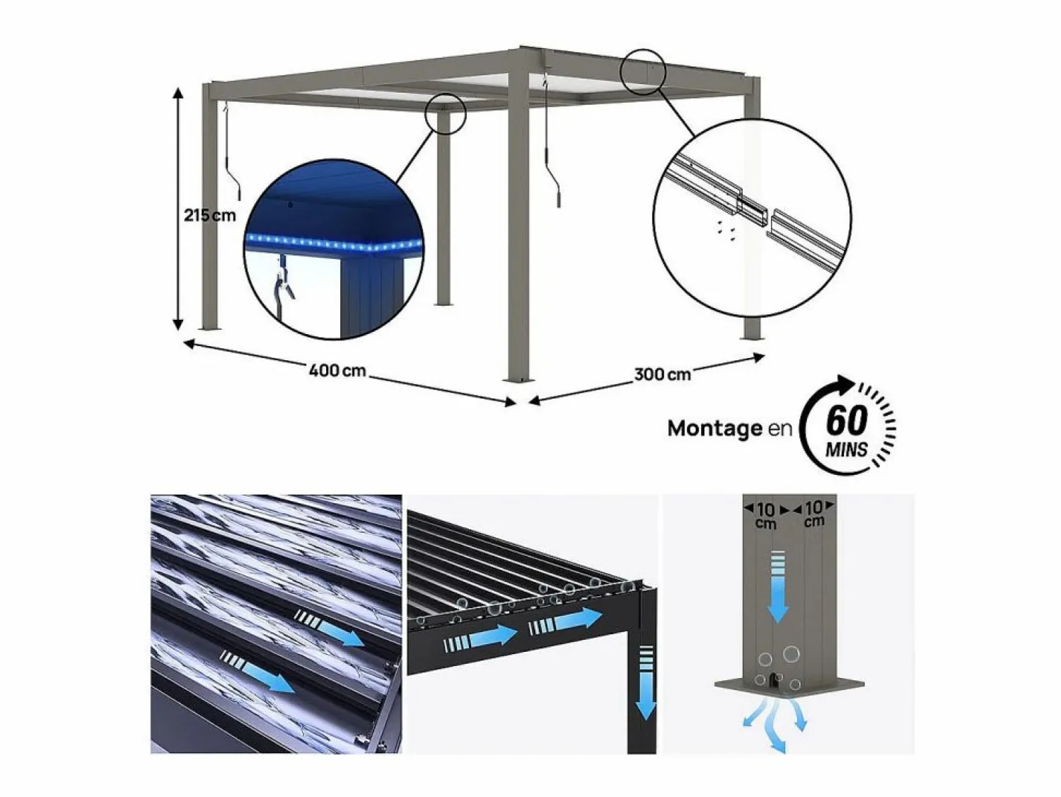 Clearance Habitat et jardin Windsor" pérgola bioclimática de aluminio con led 3 x 4 - Taupe Topo