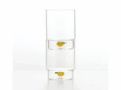 Discount Zafferano Teca Frutta - Juego de 6 Vasos de Vidrio Borosilicato con Limón - Vaso de 35 cl Doble Fondo Decorado a Mano, Fácilmente Lavable Transparente