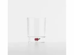 Zafferano Teca Frutta - Juego de 6 Vasos de Vidrio Borosilicato con Cerezas - Vaso de 35 cl con Doble Fondo Decorado a Mano, Fácilmente Lavable