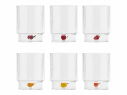New Zafferano Teca Frutta Mix - Juego de 6 Vasos de Vidrio Borosilicato con Fruta - Vaso de 35 cl con Doble Fondo Decorado a Mano, Fácilmente Lavable Transparente