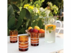 New Zafferano Twiddle - Juego de 6 vasos de vidrio soplado ámbar de 35 cl - Vasos artesanales con decoración blanca, aptos para lavavajillas Transparente