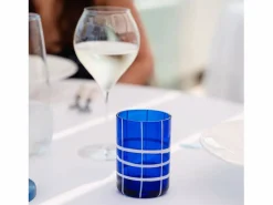 Outlet Zafferano Twiddle - Juego de 6 vasos de vidrio soplado azul, 35 cl - Vasos artesanales con decoración blanca, aptos para lavavajillas Transparente