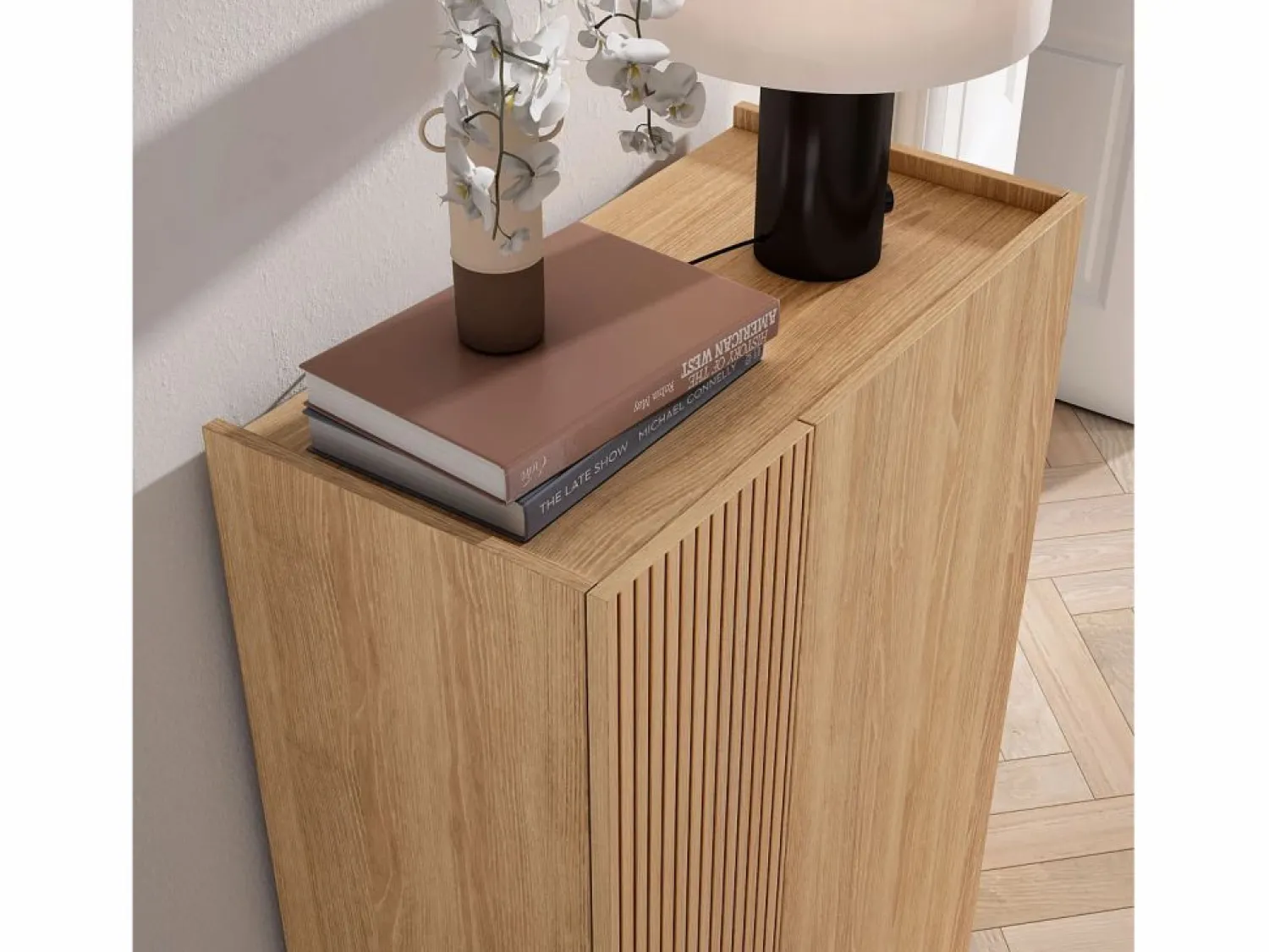 Outlet Zapatero - A122cm x L70cm x P35cm roble puerta serigrafía vallado - Akra Zapatero|Mueble De Almacenaje