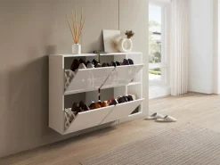Discount Vente-unique Zapatero con 4 compartimentos abatibles y 2 nichos - Blanco y dorado - MARZIALO Blanco / Dorado
