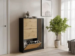 Outlet Vente-unique Zapatero con 1 puerta y 3 compartimentos abatibles - Natural y Negro - JANAKIA Negro / Color natural claro