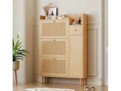 Clearance Merax Zapatero con 3 puertas abatibles y 1 cajón, medidas 90 largo x 17 ancho x 125 alto cm imitación madera, efecto caña de ratán, color roble Color natural claro