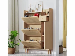Clearance Merax Zapatero con 3 puertas abatibles y 1 cajón, medidas 90 largo x 17 ancho x 125 alto cm imitación madera, efecto caña de ratán, color roble Color natural claro