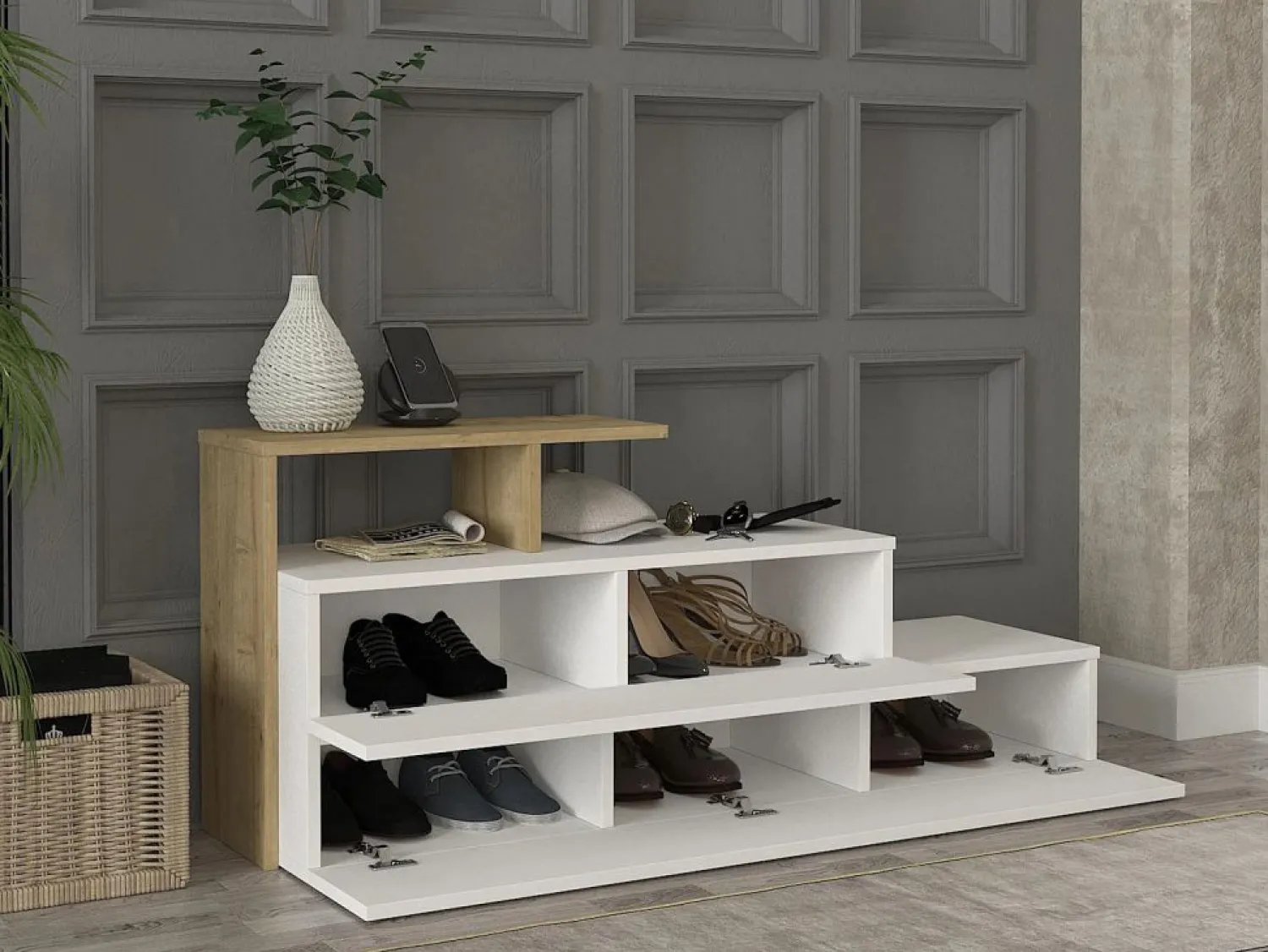 Vente-unique Zapatero con 2 puertas y 1 estante - Blanco y Natural - DAVISTA