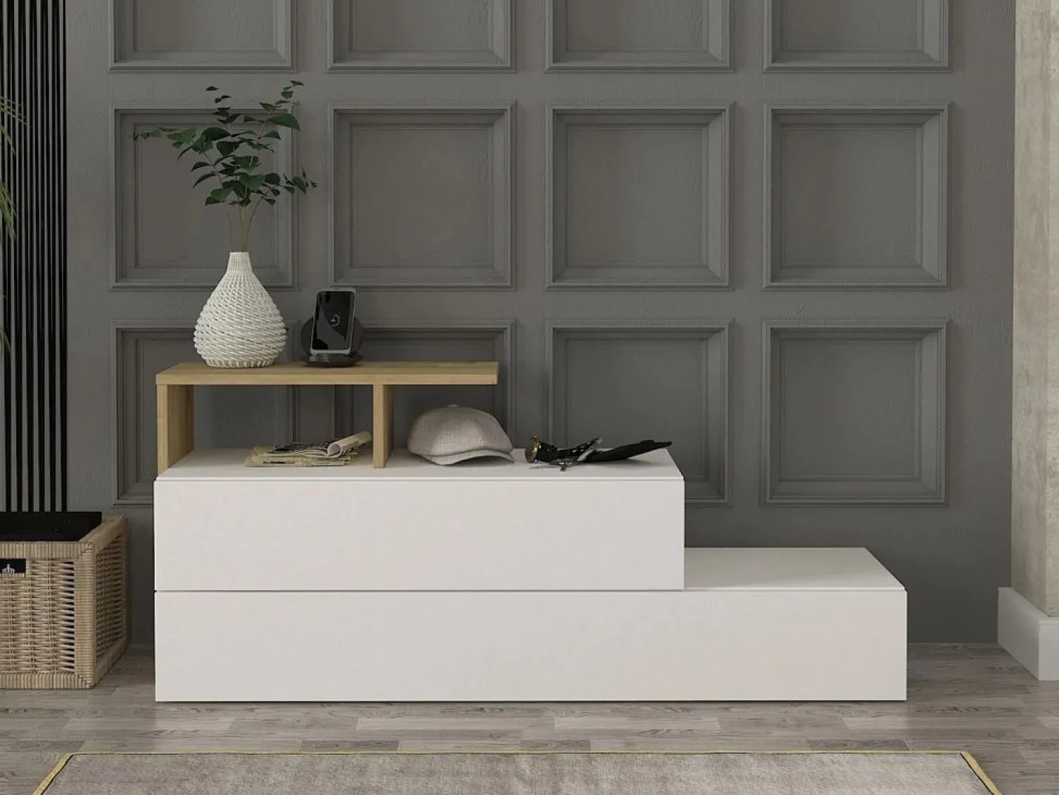 Vente-unique Zapatero con 2 puertas y 1 estante - Blanco y Natural - DAVISTA