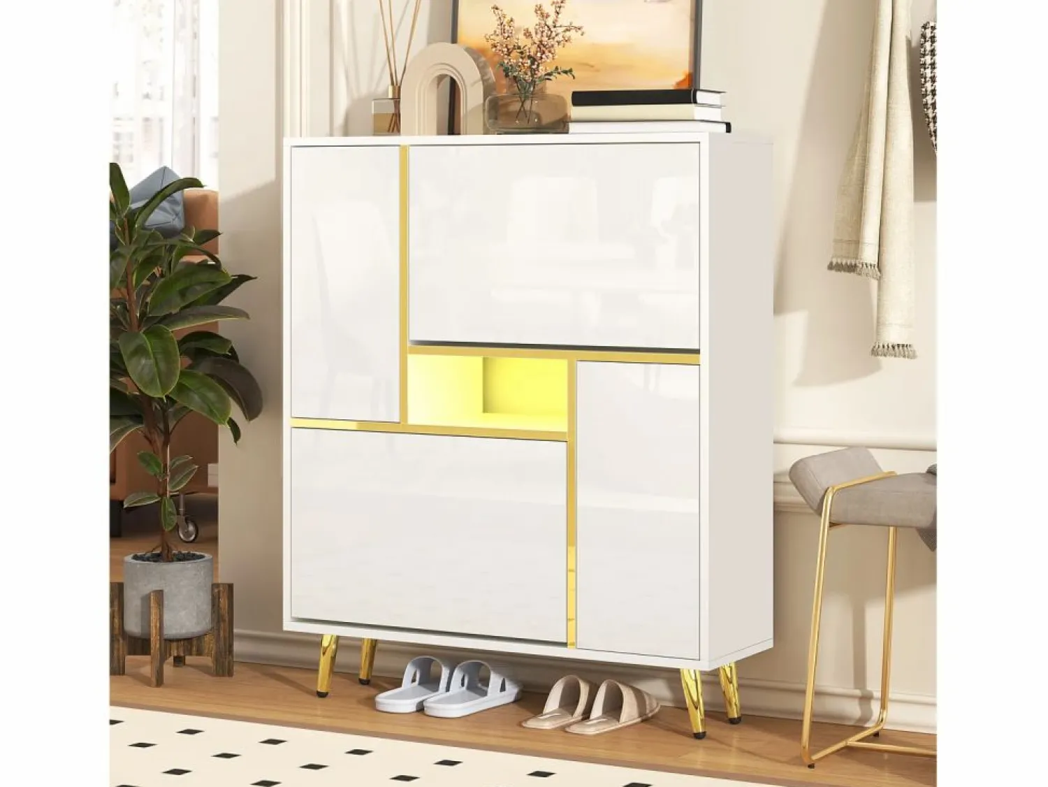 Merax Zapatero con frente brillante - 80 x 25 x 96 cm - LED - Tablero de partículas - Blanco