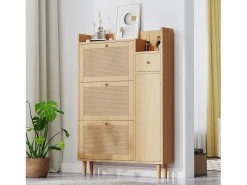 Best Hauss Spole Zapatero de madera de ratán con 3 puertas y 1 cajón, 90 x 17 x 125 cm Natural Color natural claro