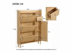 Best Hauss Spole Zapatero de madera de ratán con 3 puertas y 1 cajón, 90 x 17 x 125 cm Natural Color natural claro