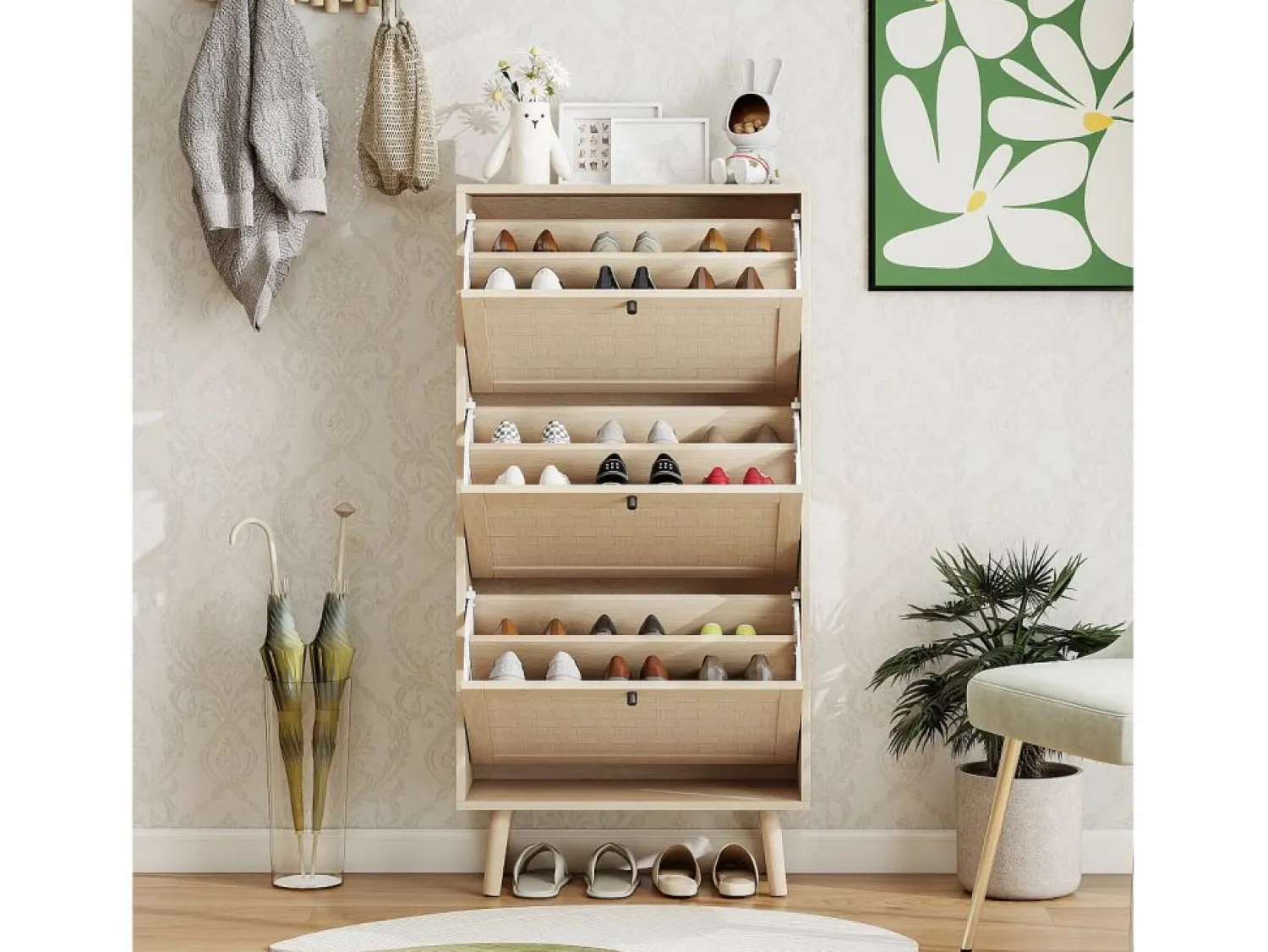 Clearance Zapatero natural con 3 puerta basculante y tiradores negros - Ideal para entradas y pasillos Zapatero|Mueble De Almacenaje